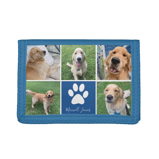 Custom Dog Photo Collage Blue Pet Paw Print Cute Trifold Wallet (Front)