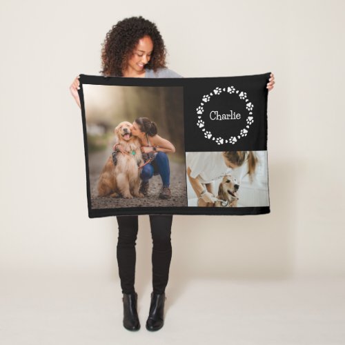 Custom Dog Photo Collage Custom Name Paw Print Fleece Blanket