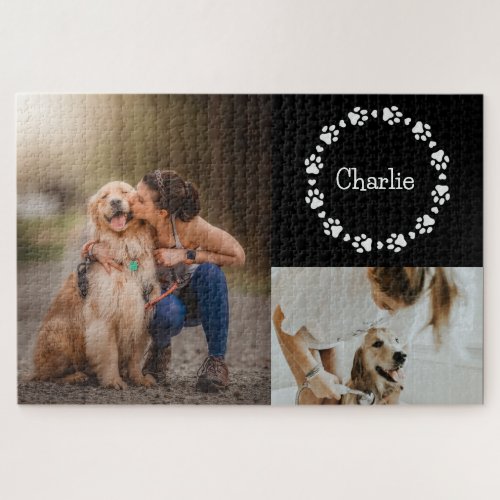 Custom Dog Photo Collage Custom Name Paw Print  Jigsaw Puzzle
