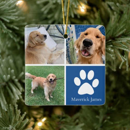 Custom Dog Photo Collage Cute Blue Pet Christmas Ceramic Ornament