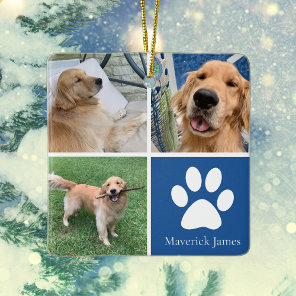 Custom Dog Photo Collage Cute Blue Pet Christmas Ceramic Ornament