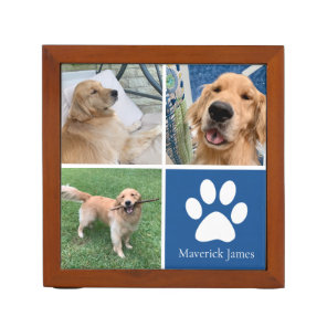 Custom Dog Photo Collage Cute Blue Pet Paw Print Desk Organizer