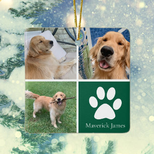 Custom Dog Photo Collage Cute Green Pet Christmas Ceramic Ornament