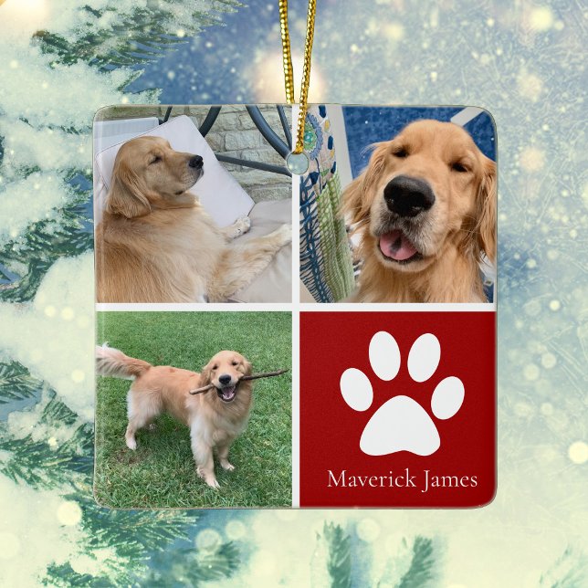 Custom Dog Photo Collage Cute Red Pet Christmas Ceramic Ornament (Creator Uploaded)