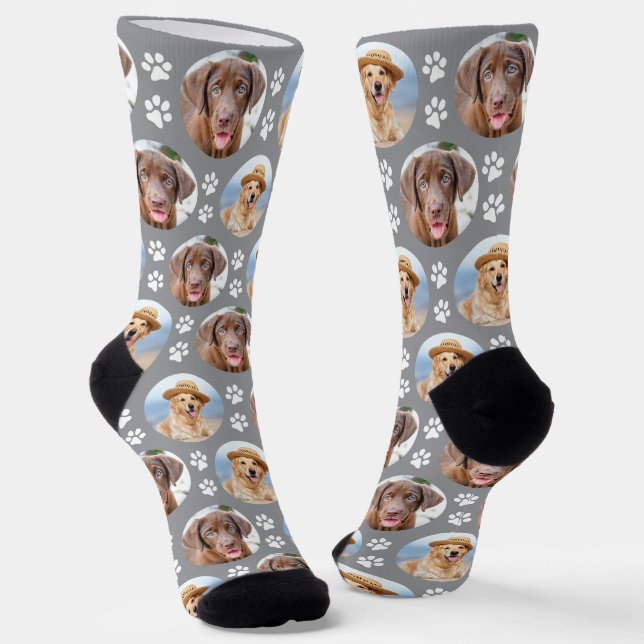 Custom Dog Photo Collage Gray Trendy Paw Prints Socks (Angled)