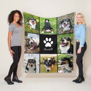 Custom Dog Photo Collage Pet Paw Print Black Fleece Blanket