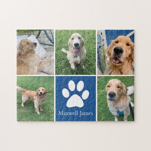 Custom Dog Photo Collage Pet Paw Print Cute Blue Jigsaw Puzzle