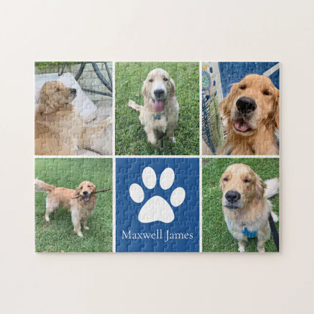 Custom Dog Photo Collage Pet Paw Print Cute Blue Jigsaw Puzzle | Zazzle