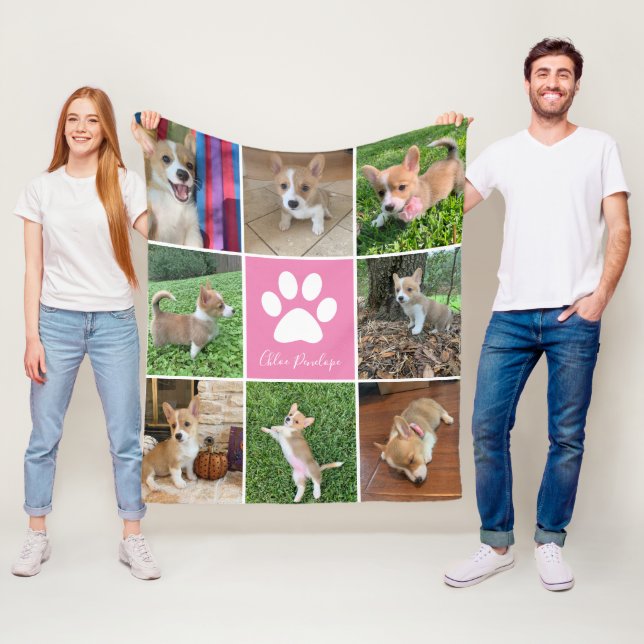 Custom Dog Photo Collage Pink Paw Print Pretty Fleece Blanket (In Situ)