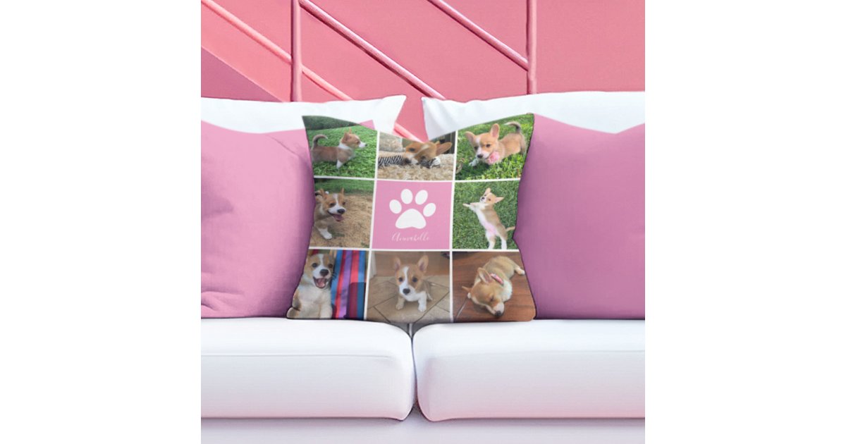 Custom Dog Photo Collage Pink Paw Print Throw Pillow | Zazzle