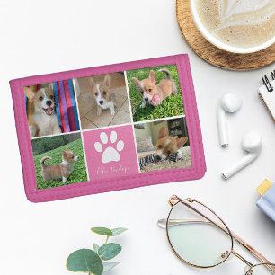 Custom Dog Photo Collage Pink Pet Paw Print Cute Tri-fold Wallet