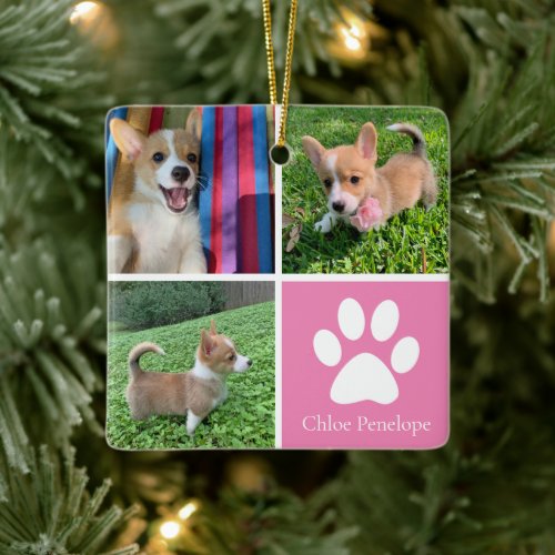 Custom Dog Photo Collage Pretty Pink Double Sided Ceramic Ornament
