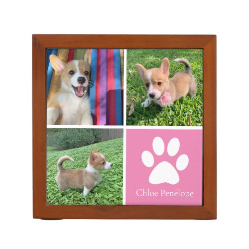 Custom Dog Photo Collage Pretty Pink Pet Paw Print Desk Organizer