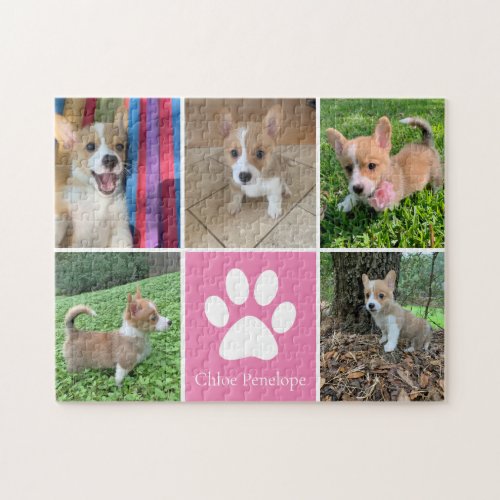 Custom Dog Photo Collage Pretty Pink Pet Paw Print Jigsaw Puzzle