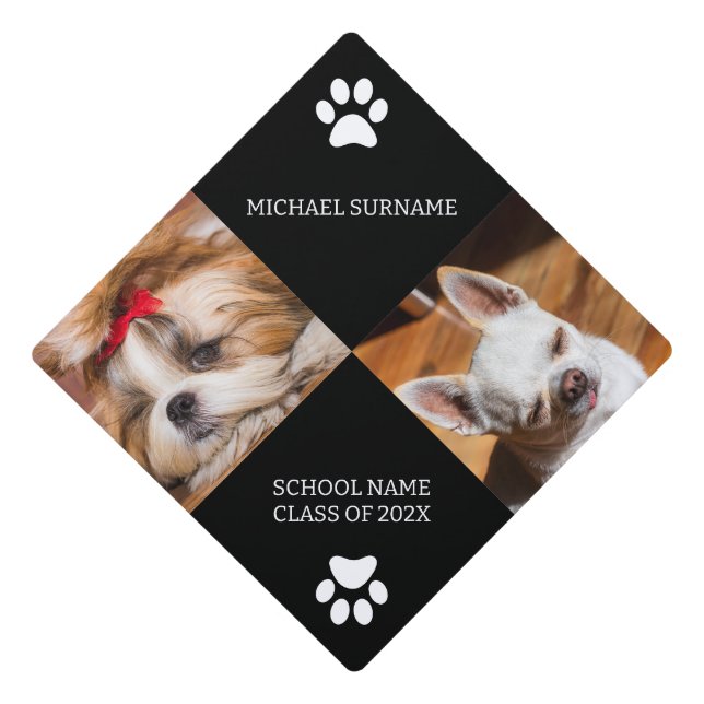 Custom dog photo collage text name school class graduation cap topper (Front)