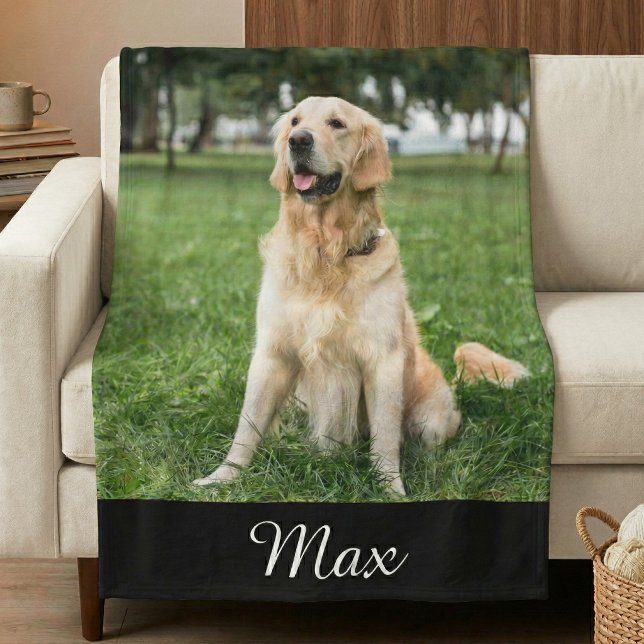 Custom Dog Photo Fleece Blanket (pet dog photo fleece blanket with custom name in script)