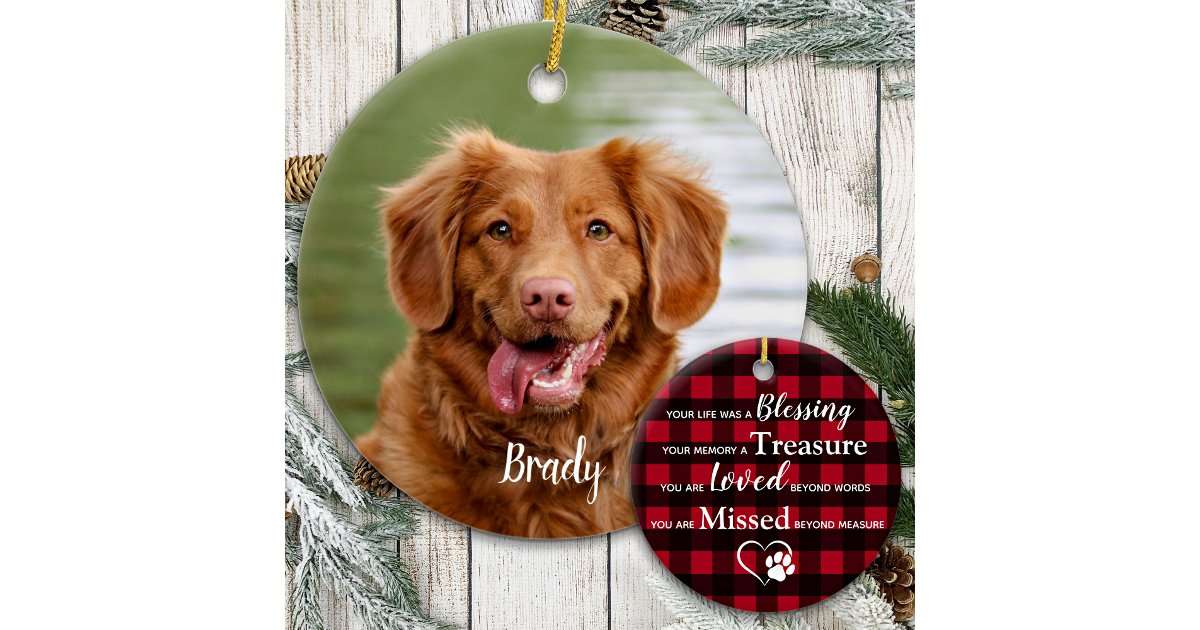Custom Dog Photo Keepsake Red Plaid Pet Memorial Ceramic Ornament | Zazzle