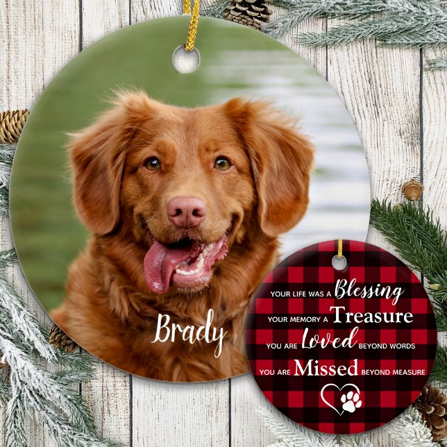 Custom Dog Photo Keepsake Red Plaid Pet Memorial Ceramic Ornament (Creator Uploaded)
