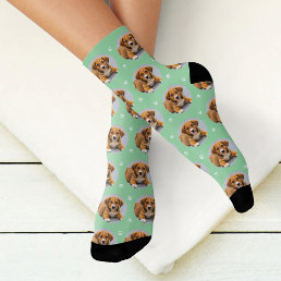 Custom Dog Photo Mint Green Paw Print Socks