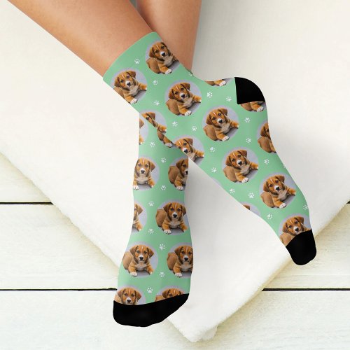 Custom Dog Photo Mint Green Paw Print Socks