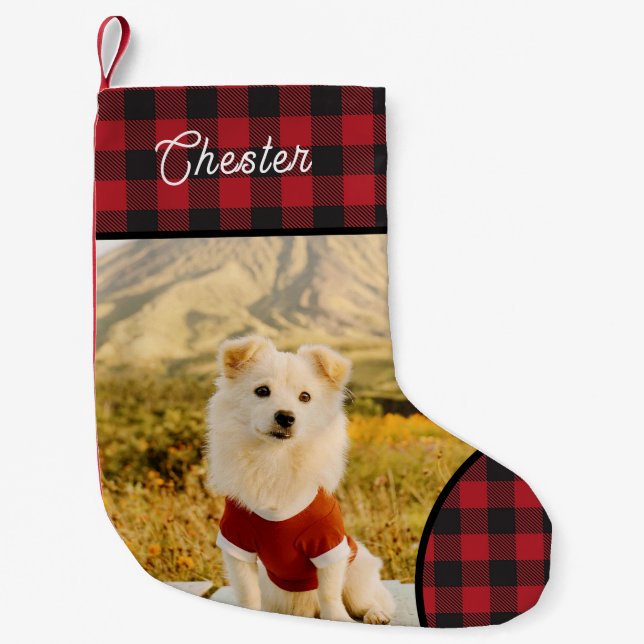 Custom Dog Photo & Name Buffalo Plaid Small Christmas Stocking (Front)