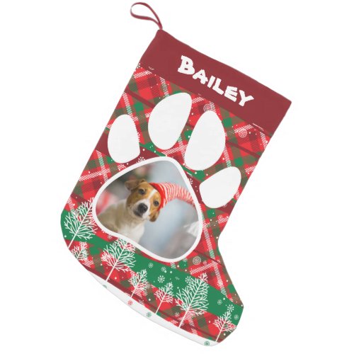 Custom Dog Photo  Name Dog Paw Green Red Tartan Small Christmas Stocking