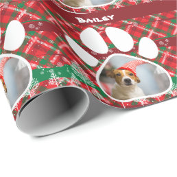 Custom Dog Photo &amp; Name, Dog Paw Green Red Tartan Wrapping Paper