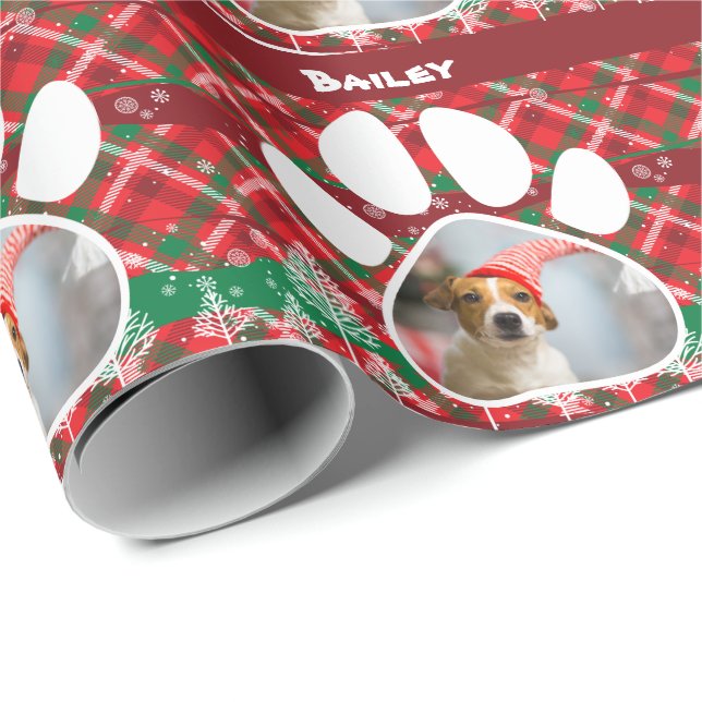 Custom Dog Photo & Name, Dog Paw Green Red Tartan Wrapping Paper (Roll Corner)