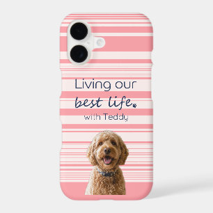 Custom Dog Photo Name Muted Pink Stripes Paw iPhone 17 Case