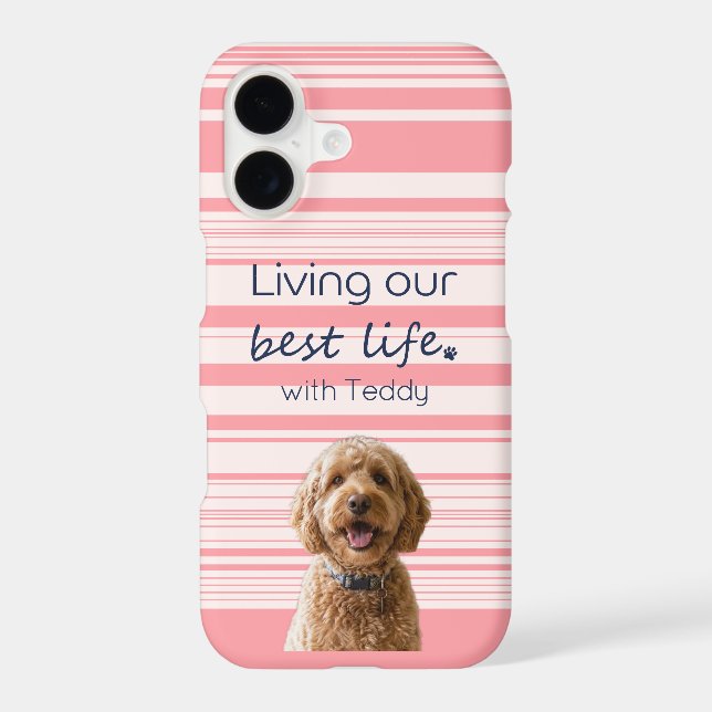 Custom Dog Photo Name Muted Pink Stripes Paw iPhone Case (Back)