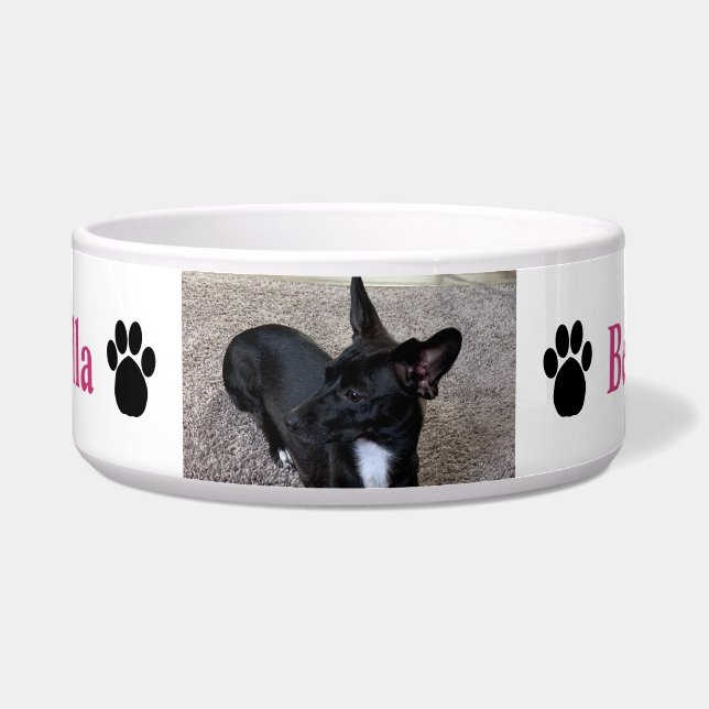 Custom Dog Photo Name Paw Prints Pink Bowl (Front)