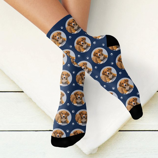 Custom Dog Photo Navy Blue Paw Print Socks (Creator Uploaded)