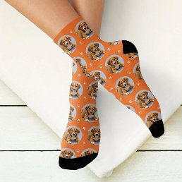 Custom Dog Photo Orange Paw Print Socks