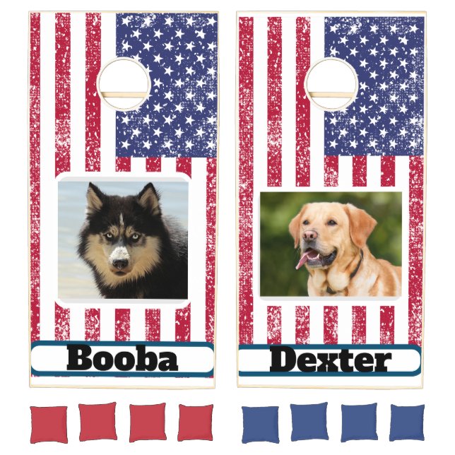 Custom dog photo patriotic American flag July 4th Cornhole Set (Set)