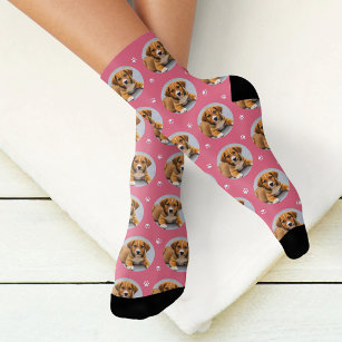 Custom Dog Photo Pink Paw Print Socks