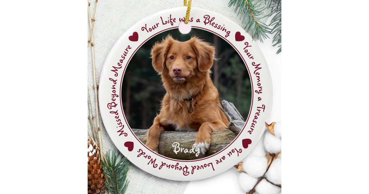 Custom Dog Photo Red Pet Memorial Ceramic Ornament | Zazzle