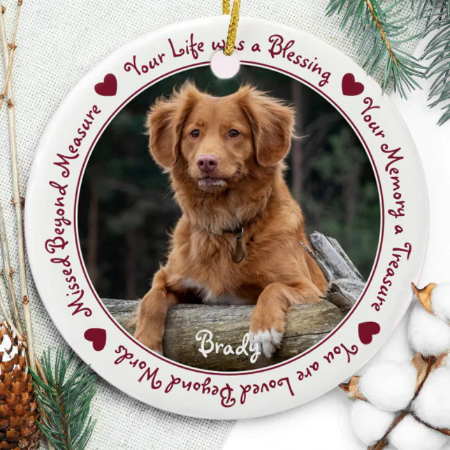 Custom Dog Photo Red Pet Memorial Ceramic Ornament | Zazzle