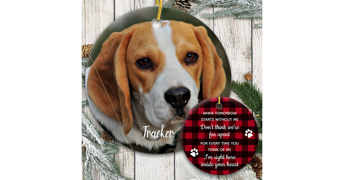 Custom Dog Photo Red Plaid Pet Loss Pet Memorial Ceramic Ornament | Zazzle