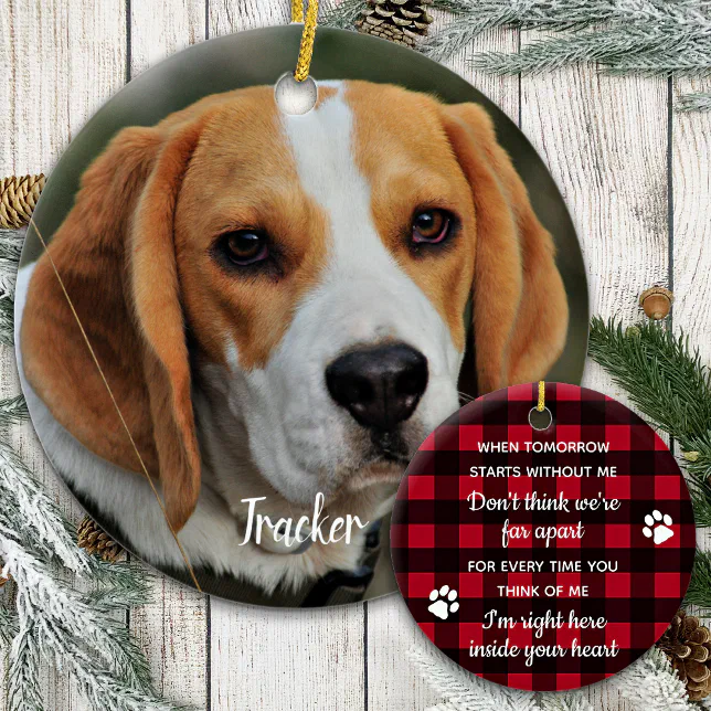 Custom Dog Photo Red Plaid Pet Loss Pet Memorial Ceramic Ornament | Zazzle