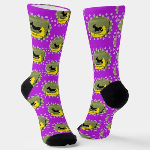 Custom Dog Photo Scattered Paws Bright Purple Socks