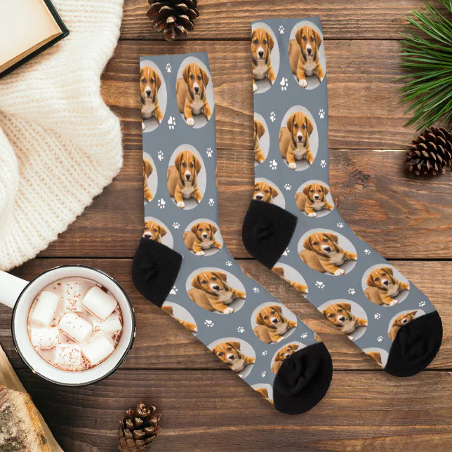 Custom Dog Photo Slate Paw Print Socks | Zazzle