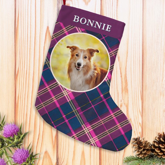 Custom Dog Photo Tartan Plaid Patterned Pet Decor Small Christmas Stocking (A festive Christmas stocking with custom dog photo, personalized name and tartan plaid pattern)