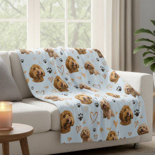 Custom Dog Photo with Hearts Blue Fleece Blanket