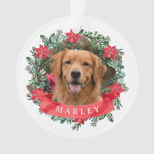 Custom Dog Photo with Name Poinsettia Wreath Ornament (Front)