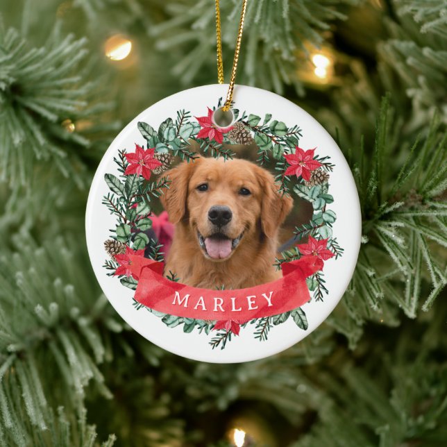 Custom Dog Photo with Name Wreath Ceramic Ornament (Tree)
