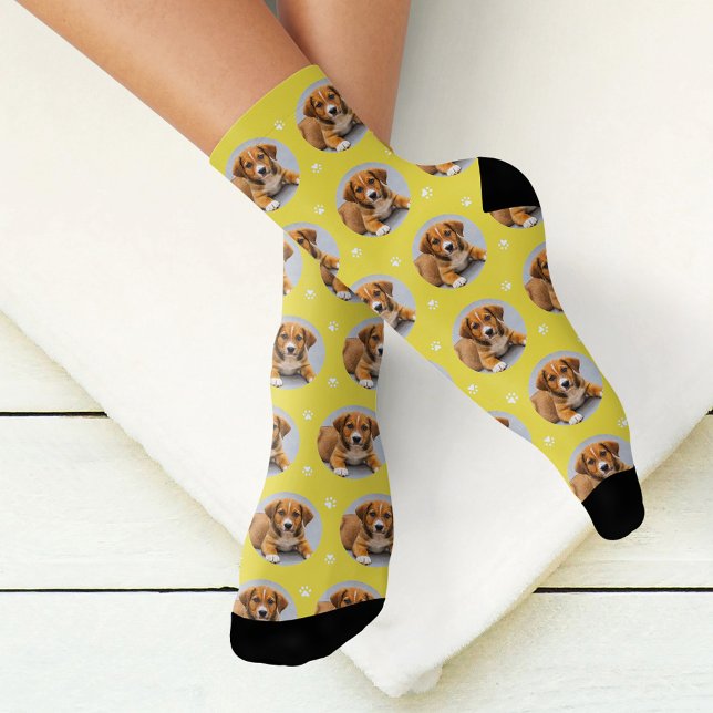 Custom Dog Photo Yellow Paw Print Socks (Creator Uploaded)