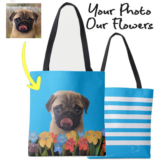 Custom Dog Puppy Photo Colorful Spring Flowers Tote Bag (Creator Uploaded)