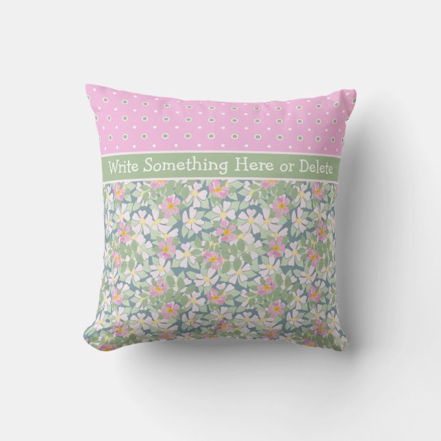 Custom Dog Roses on Navy Polkas on Pink Pillow (Front)