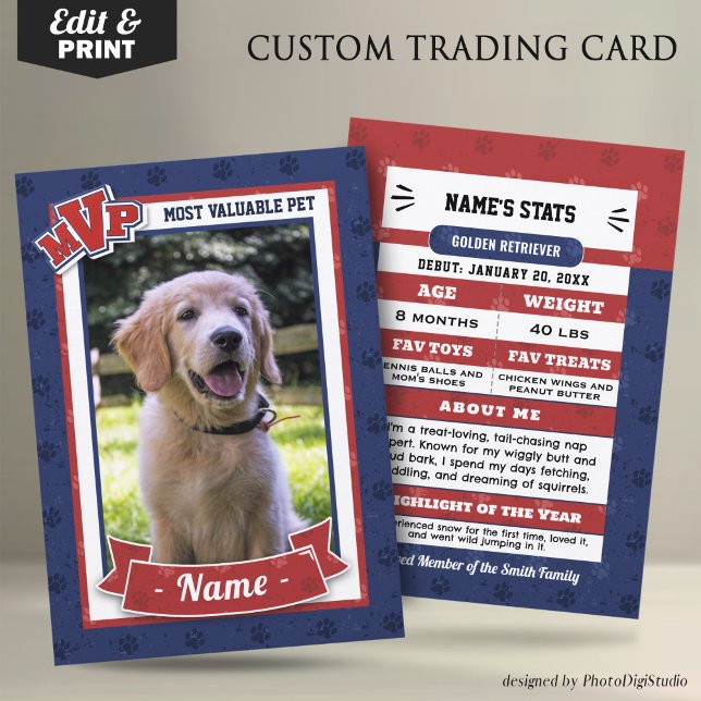 Custom Dog Trading Cards, Classic MVP Pet Trading Calling Card (MVP Custom Pet Trading Card, Clasic Red Blue Card, Therapy Dog Trading Card Template and Print)