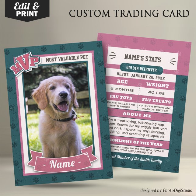 Custom Dog Trading Cards, Classic MVP Pet Trading  Calling Card (MVP Custom Pet Trading Card, Clasic Pink and teal Card, Therapy Dog Trading Card Template and Print)